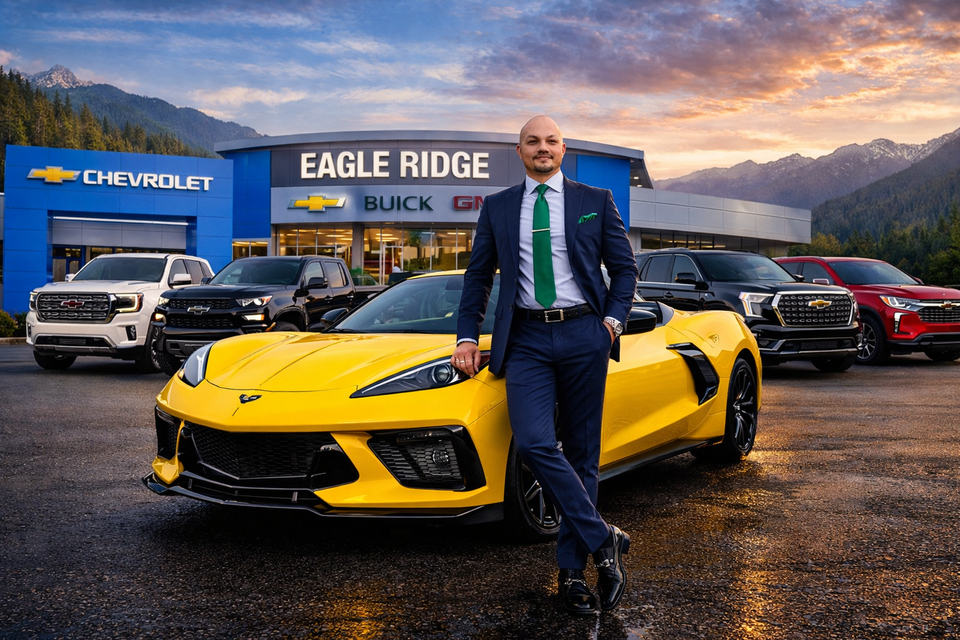Lambo standing beside a truck at Eagle Ridge GM